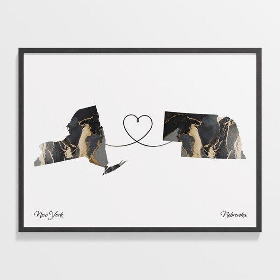 New York Nebraska Marble State Map Poster Heart Line Moving Gift