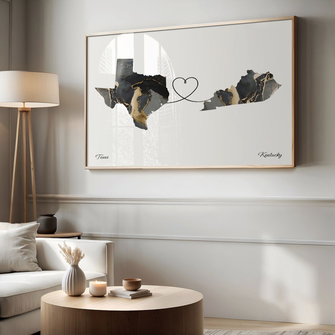 Texas Kentucky Long Distance Love Black Marble Heart Map Poster - Image 2