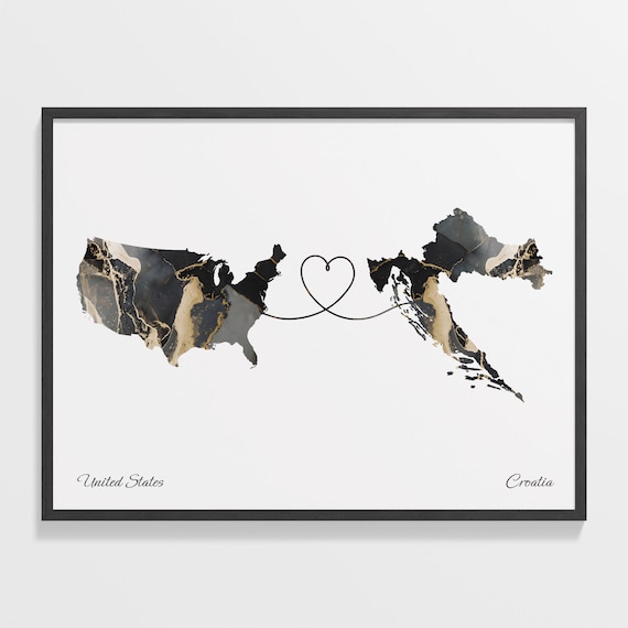 United States and Croatia Black Marble Heart Connection Map Poster