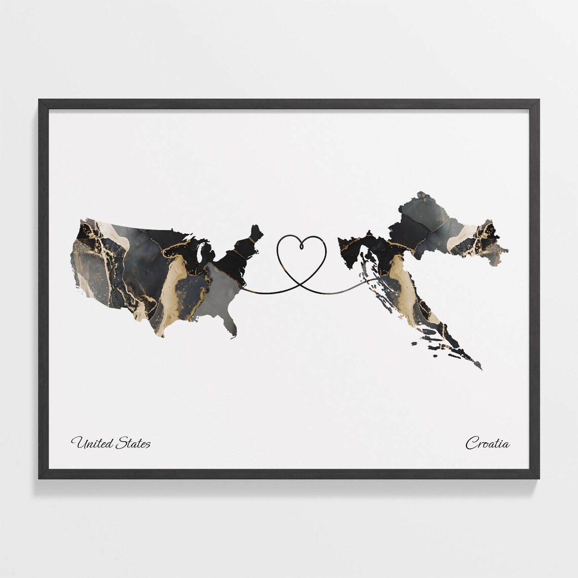 United States and Croatia Black Marble Heart Connection Map Poster