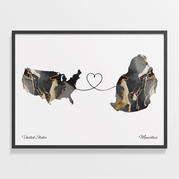 USA to Mauritius Map Travel Poster, Mauritian Gift