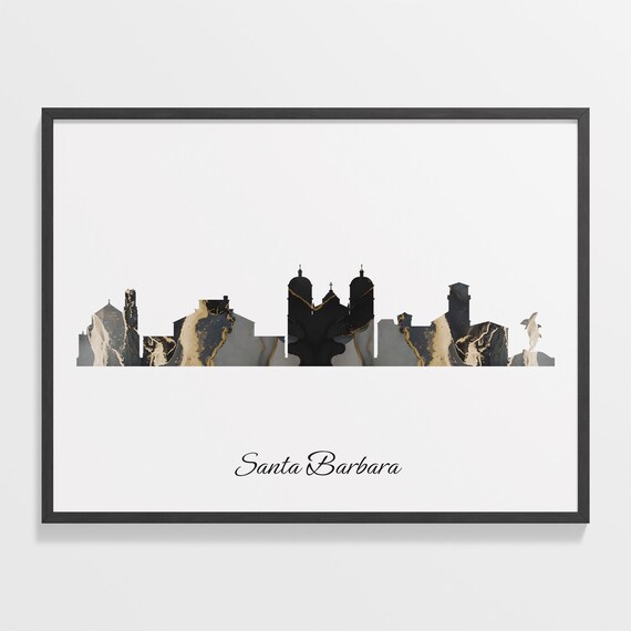 Santa Barbara Skyline Marble Cityscape Black and Gold Travel Poster