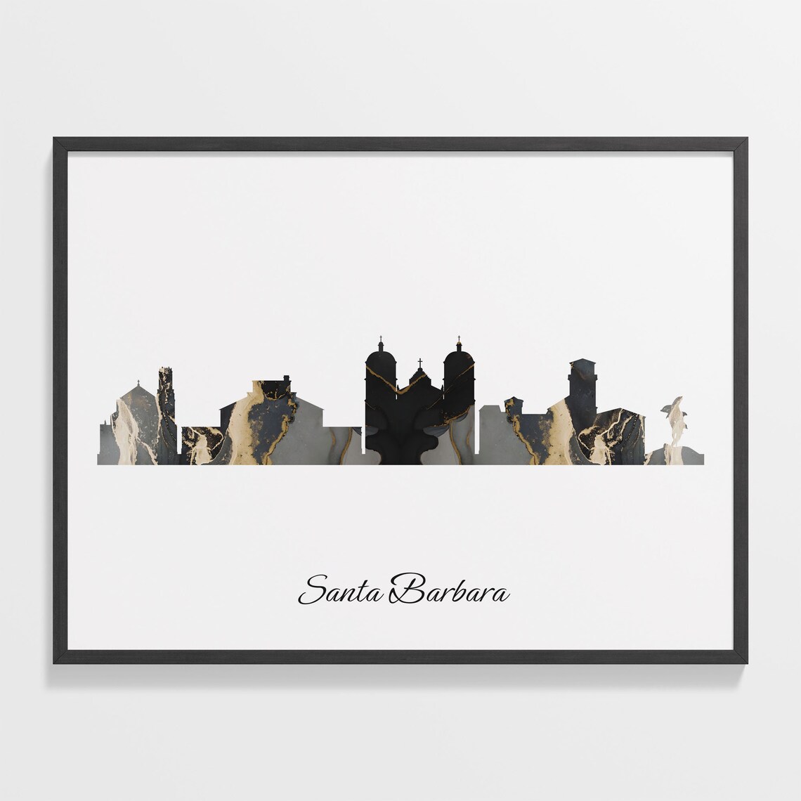 Santa Barbara Skyline Marble Cityscape Black and Gold Travel Poster