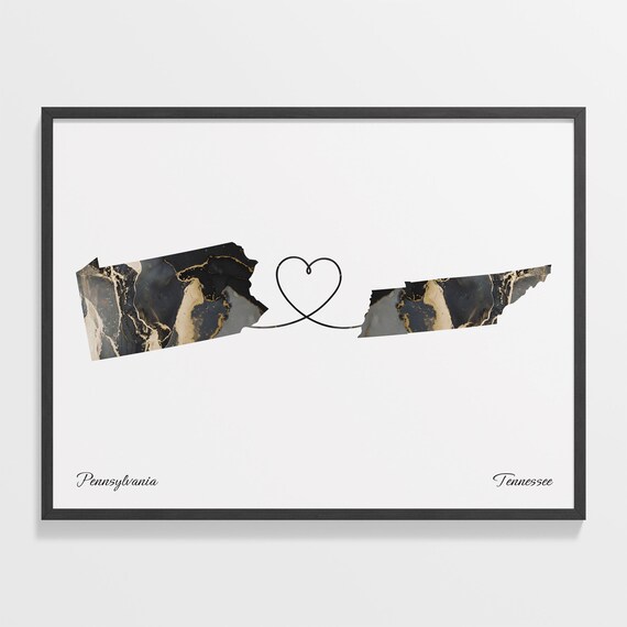 Pennsylvania to Tennessee Black Gold Marble Map Heart Connection Poster