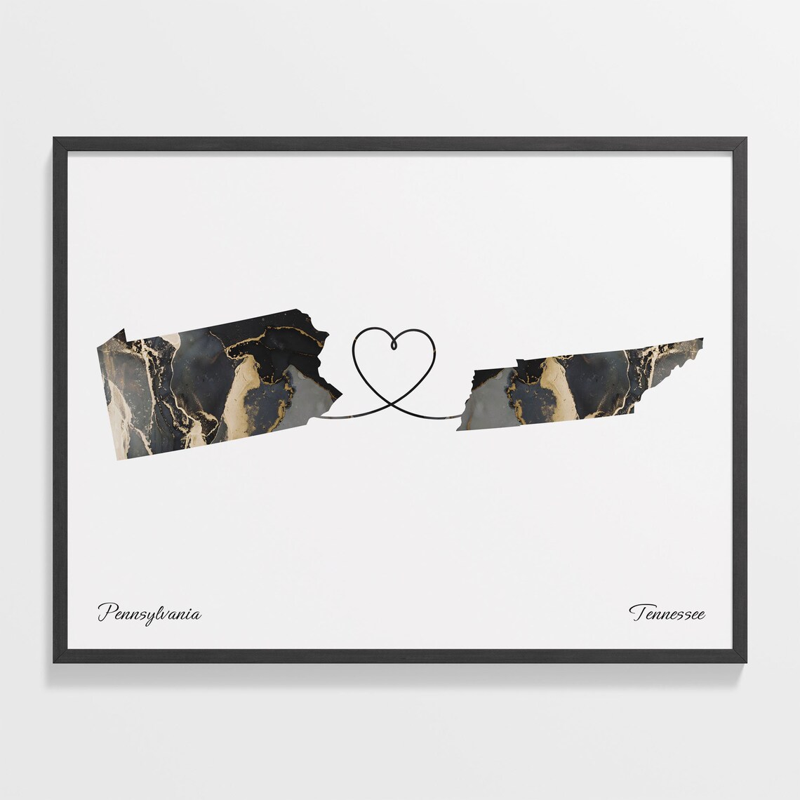 Pennsylvania to Tennessee Black Gold Marble Map Heart Connection Poster