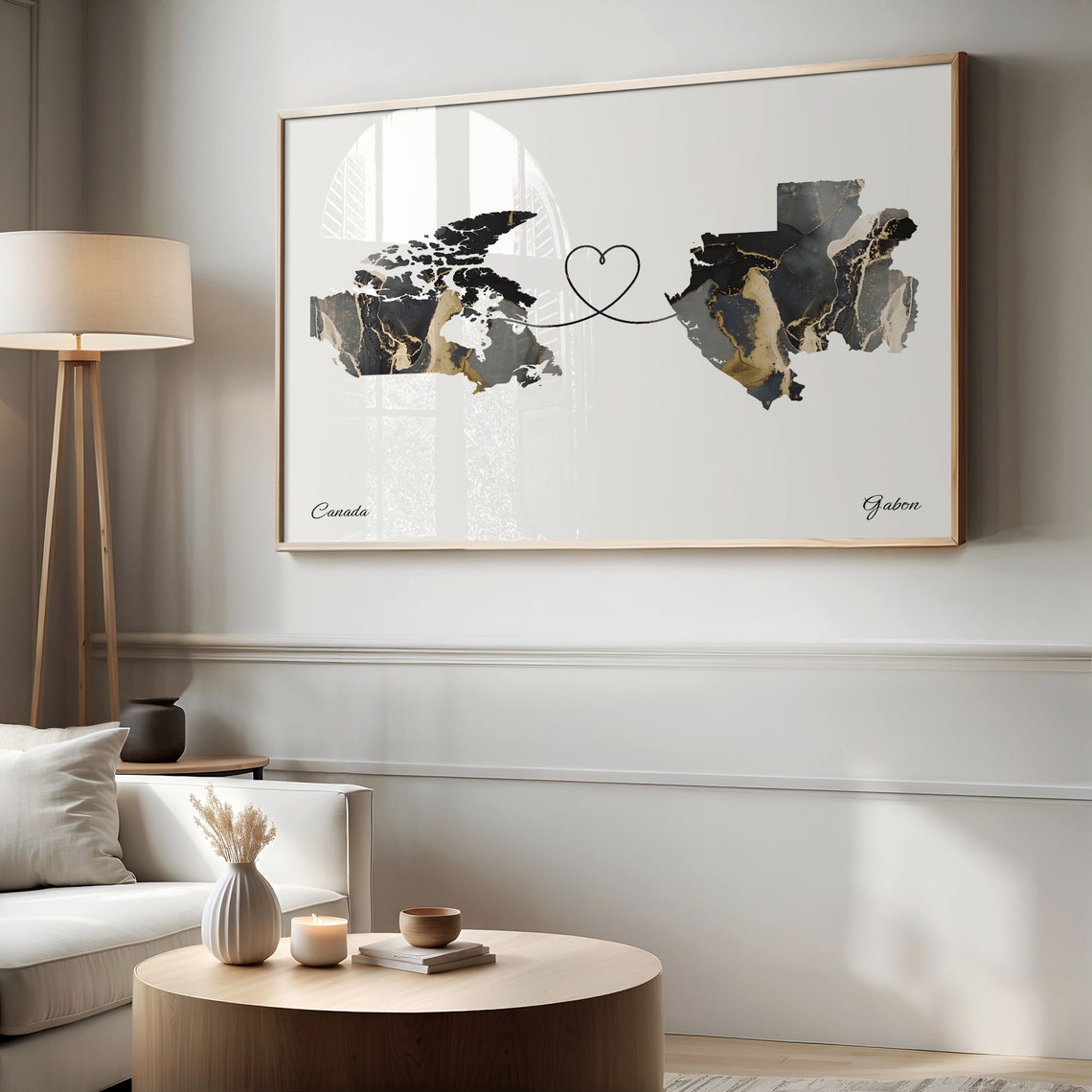 Canada and Gabon Heart Connected Two Countries Marble Map Poster - Image 2