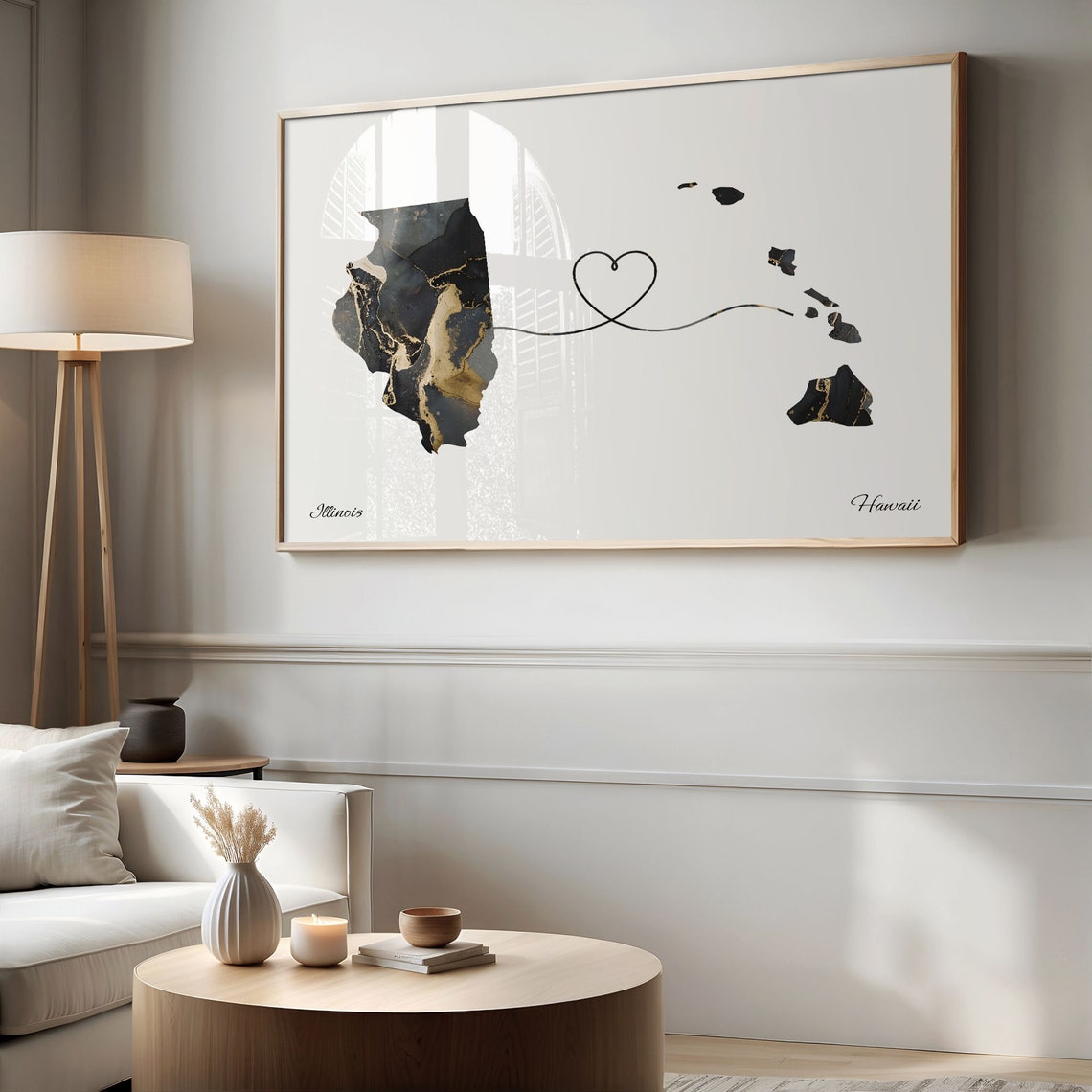 Illinois to Hawaii Black Gold Marble Map Heart Connection Poster - Image 2
