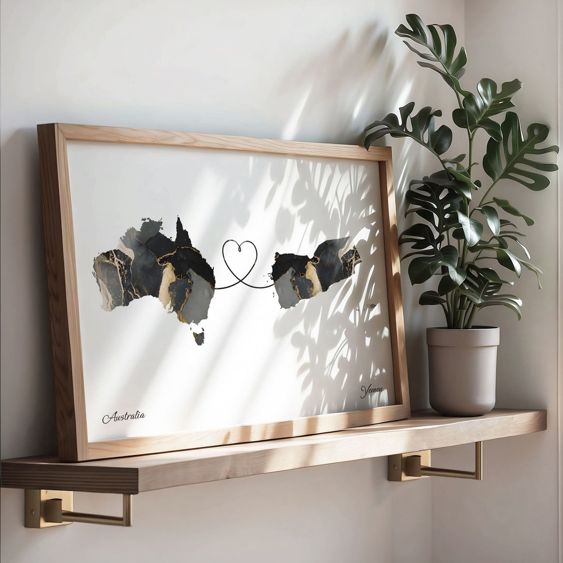 Australia and Yemen Black Gold Marble Map Heart Connection Poster - Image 3