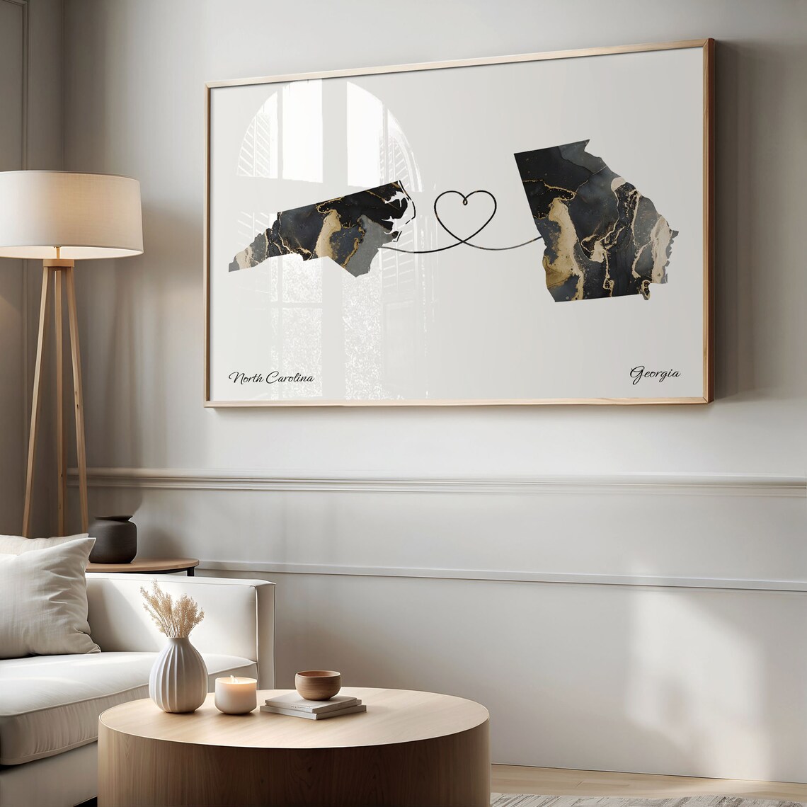 North Carolina Georgia Long Distance Black Gold Marble Heart Map Poster - Image 2
