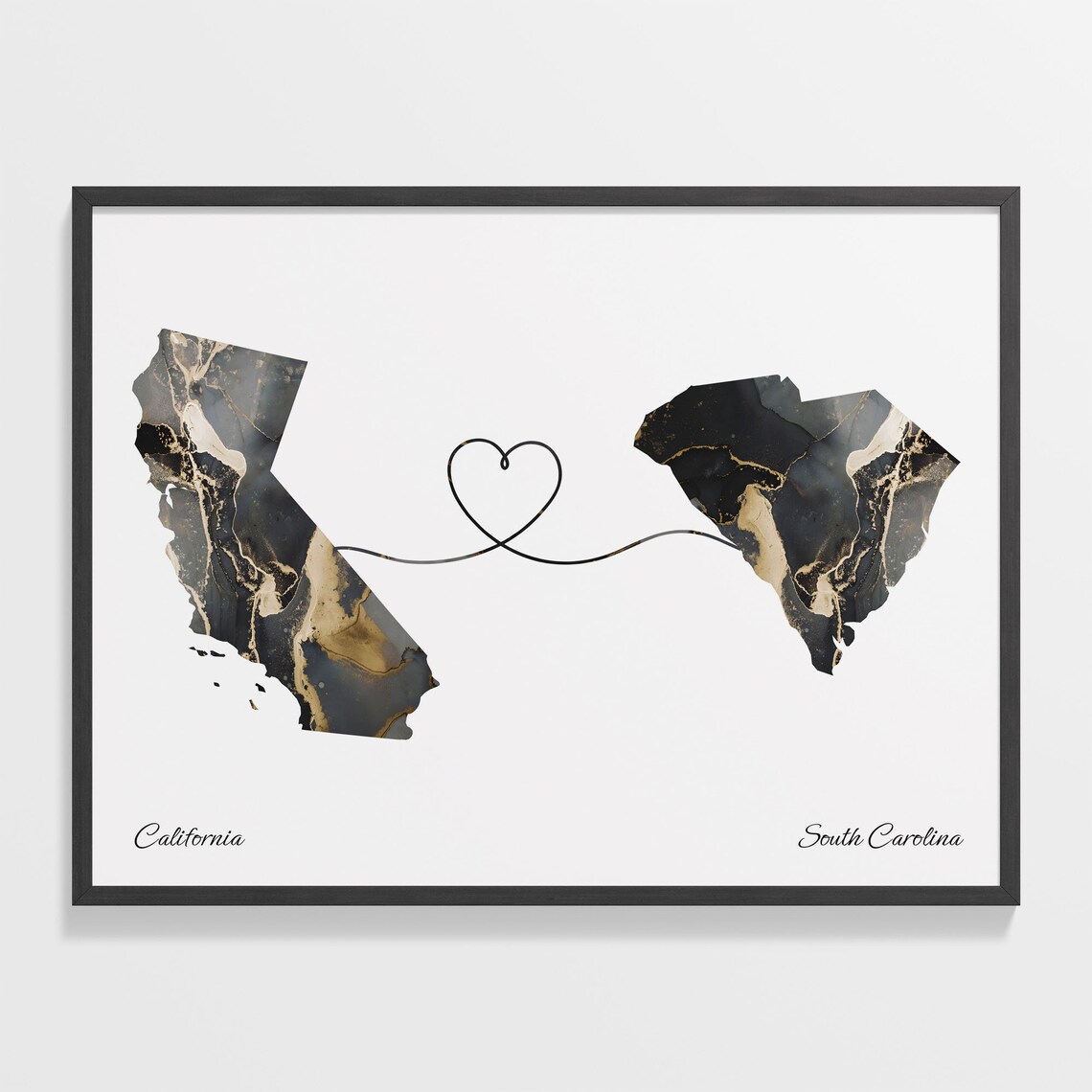 California to South Carolina Black Gold Marble Map Heart Line Art Poster