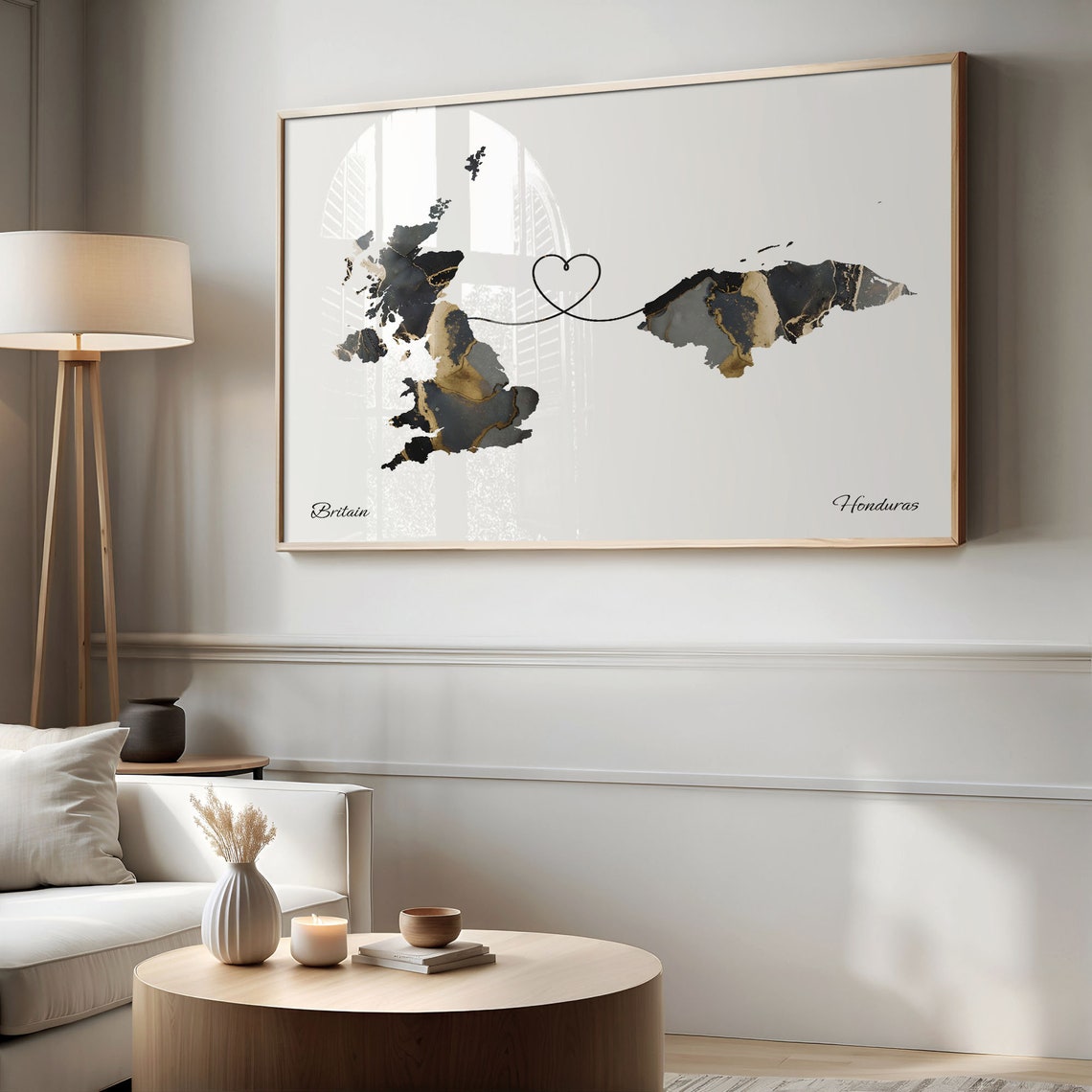 Britain to Honduras Heart Connected Long Distance Marble Map Poster - Image 2