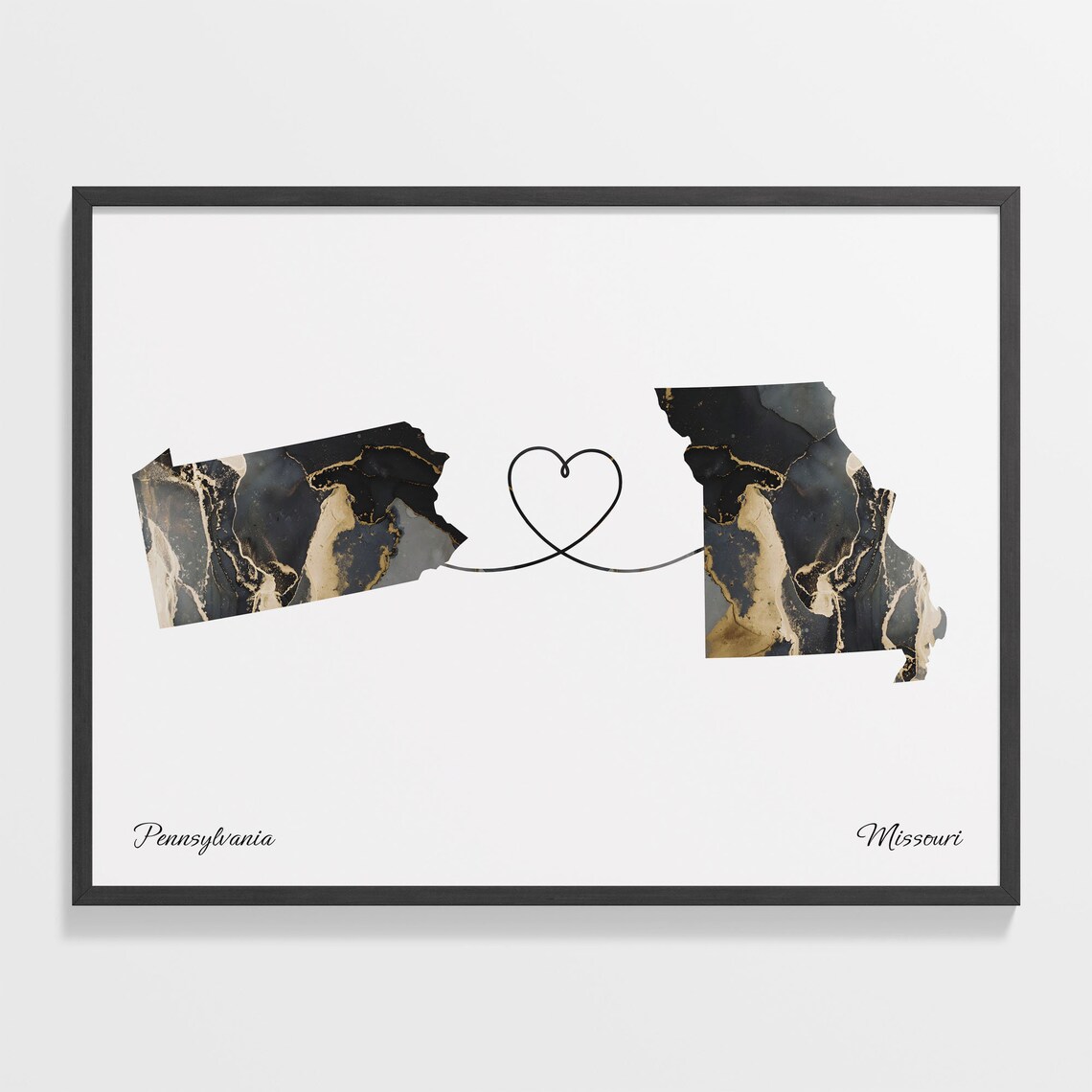 Pennsylvania to Missouri Marble State Map Heart Long Distance Connection Poster