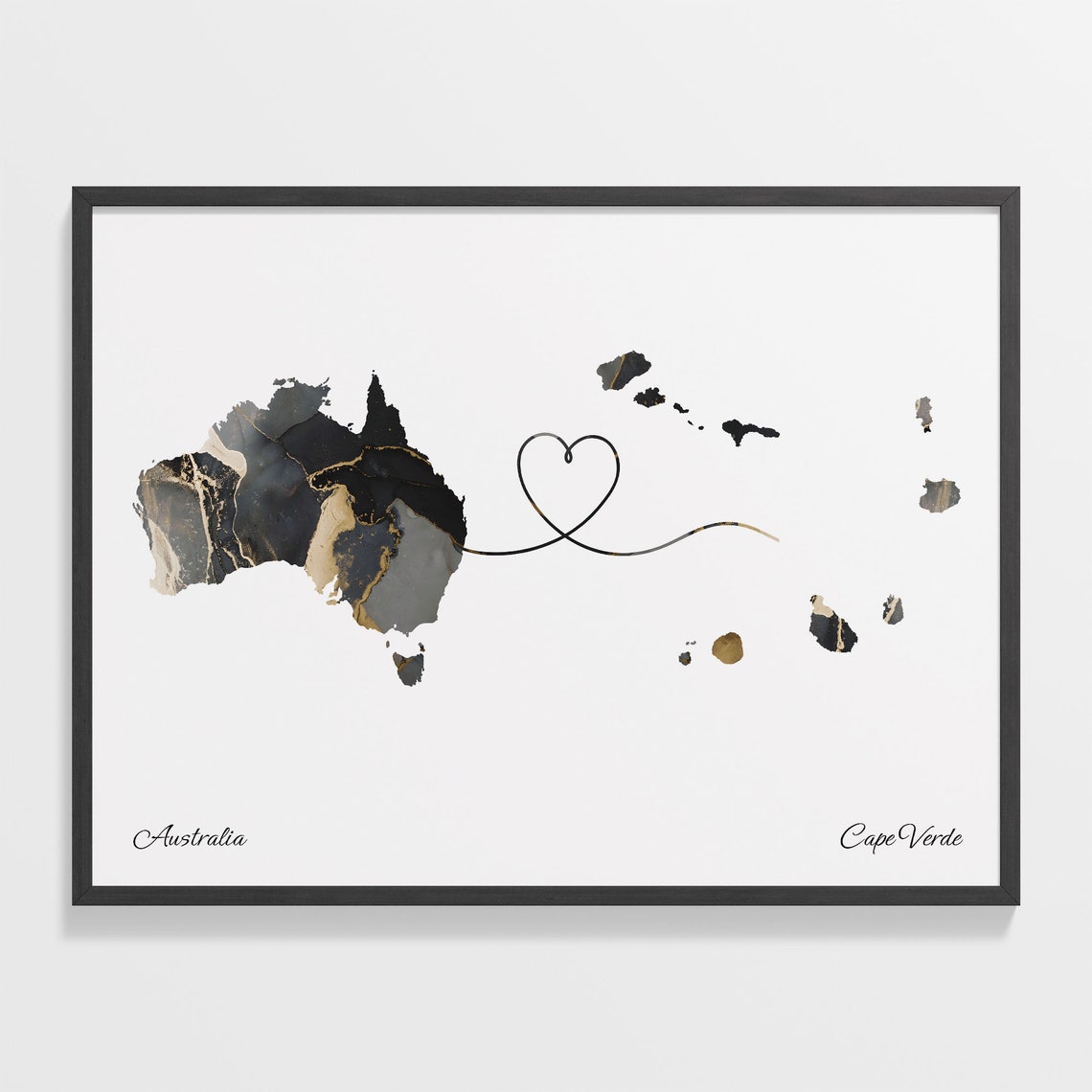 Australia and Cape Verde Two Countries Black Gold Marble Map Poster