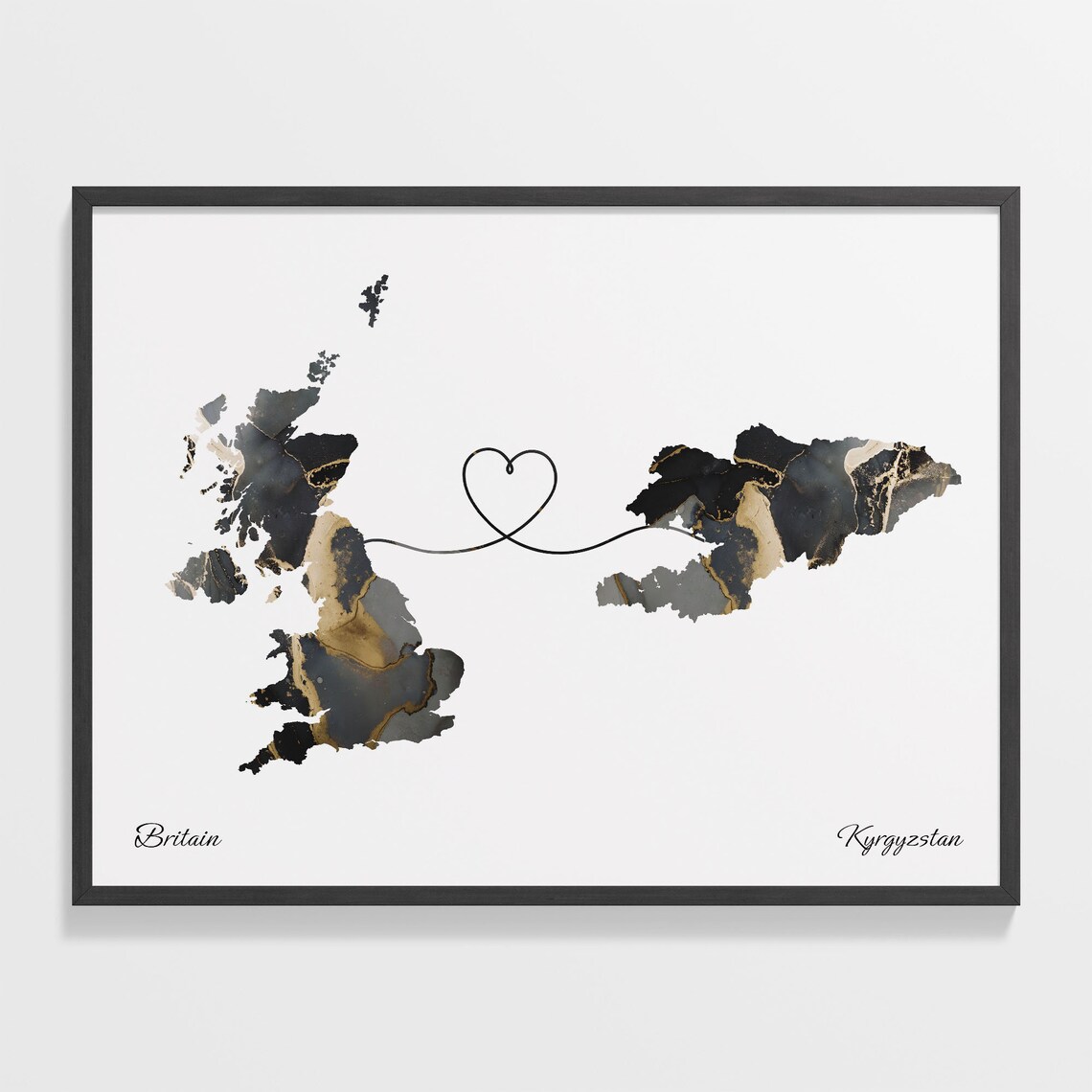 Britain to Kyrgyzstan Marble Heart Map Poster Long Distance Love Gift