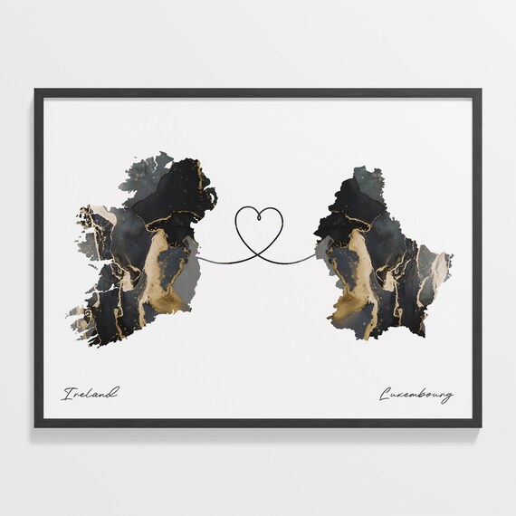 Ireland To Luxembourg Black Gold Marble Two Country Heart Map Poster