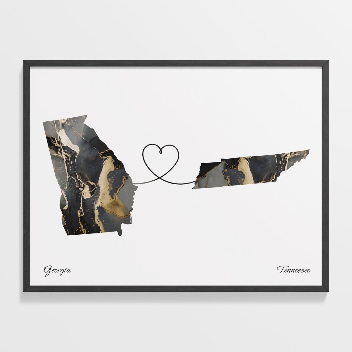Georgia Tennessee Long Distance Black Gold Marble Heart Map Poster