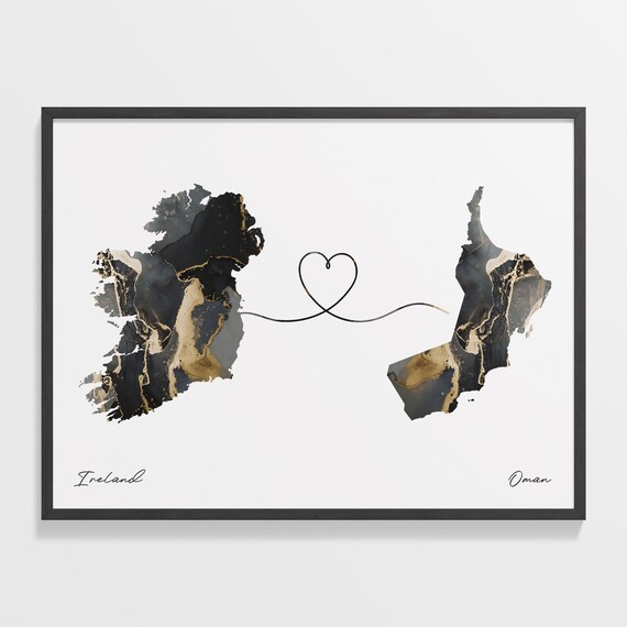 Ireland and Oman Black and Gold Marble Two Countries Map Poster