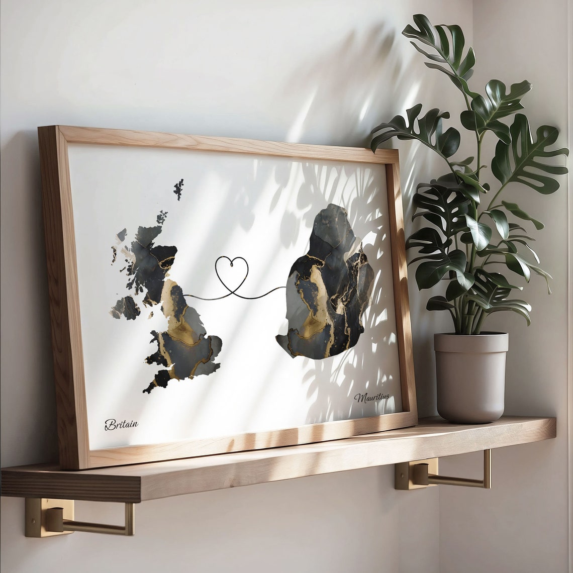 Britain and Mauritius Heart Connection Black and Gold Marble Poster - Image 3