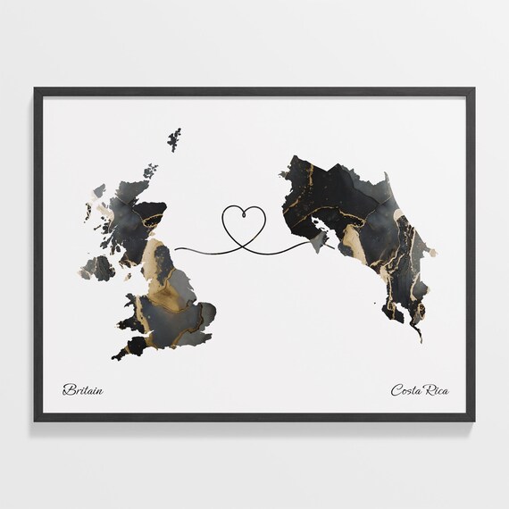 Britain to Costa Rica Heart Connected Long Distance Marble Map Poster