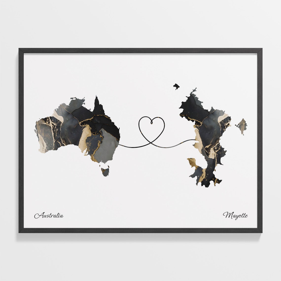 Australia Mayotte Long Distance Love Black Marble Heart Map Poster