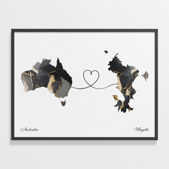 Australia Mayotte Long Distance Love Black Marble Heart Map Poster