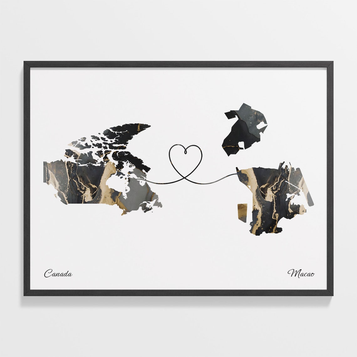 Canada to Macao Black Gold Marble Long Distance Heart Map Poster