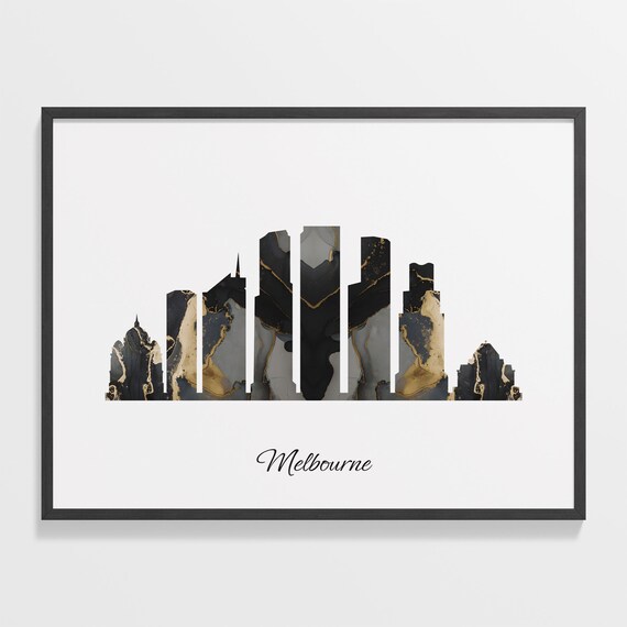 Melbourne Skyline Black and Gold Marble Cityscape Art Poster