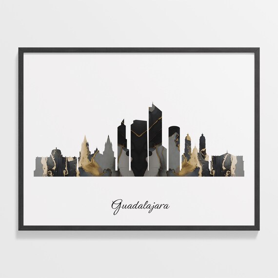Guadalajara Mexico Marble Skyline Black Gold Minimalist Cityscape Poster