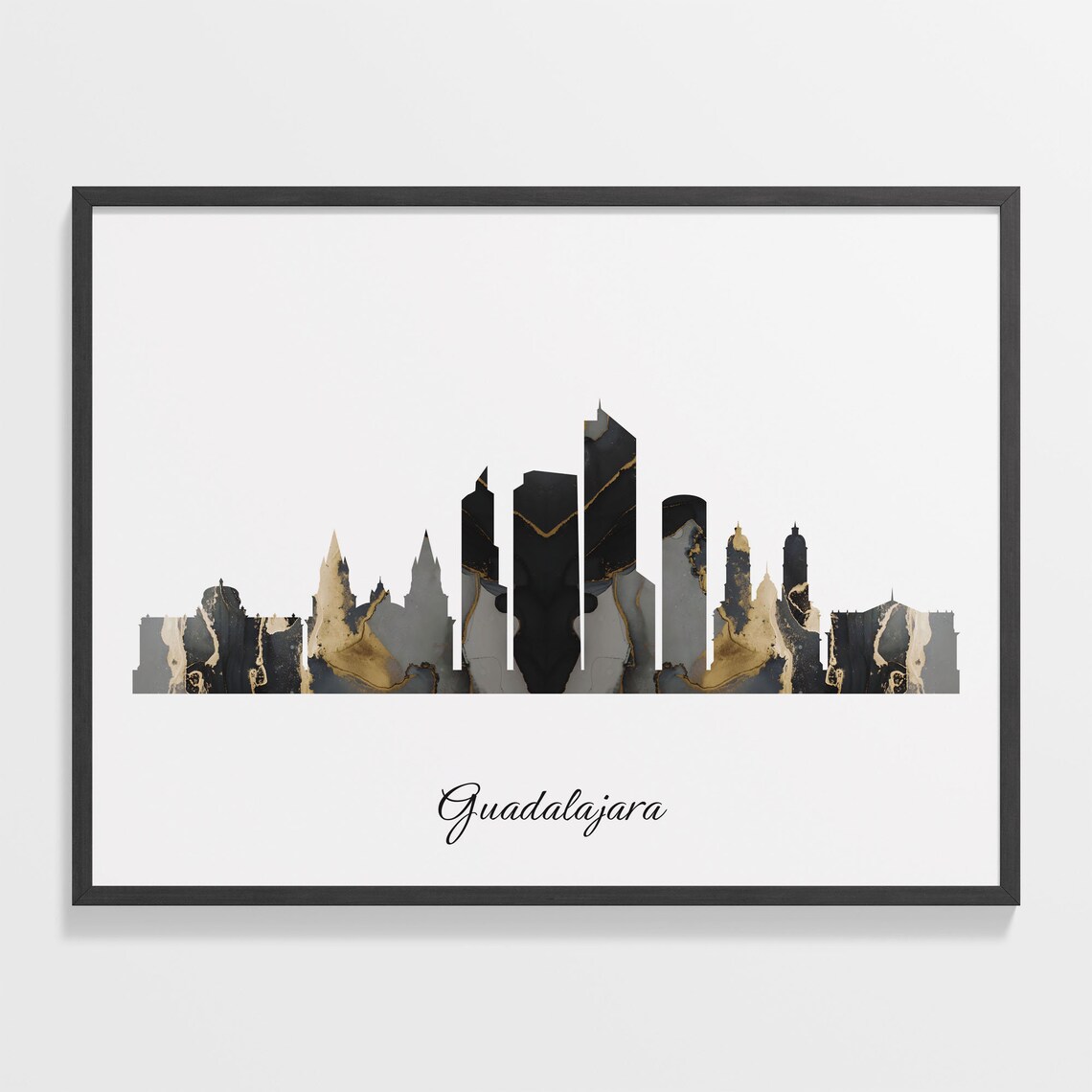 Guadalajara Mexico Marble Skyline Black Gold Minimalist Cityscape Poster