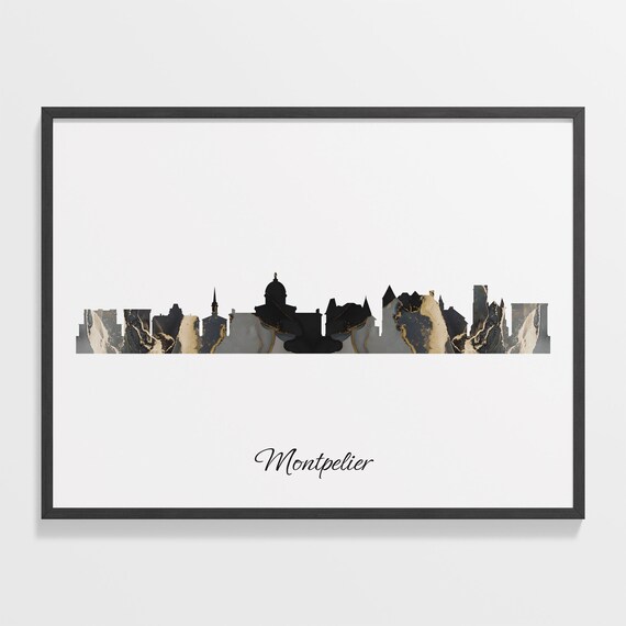 Montpelier Black Marble Skyline Silhouette Poster Modern Cityscape Art