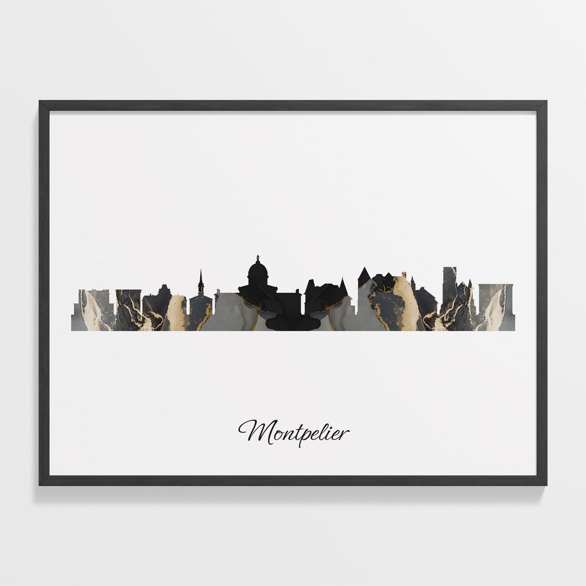 Montpelier Black Marble Skyline Silhouette Poster Modern Cityscape Art