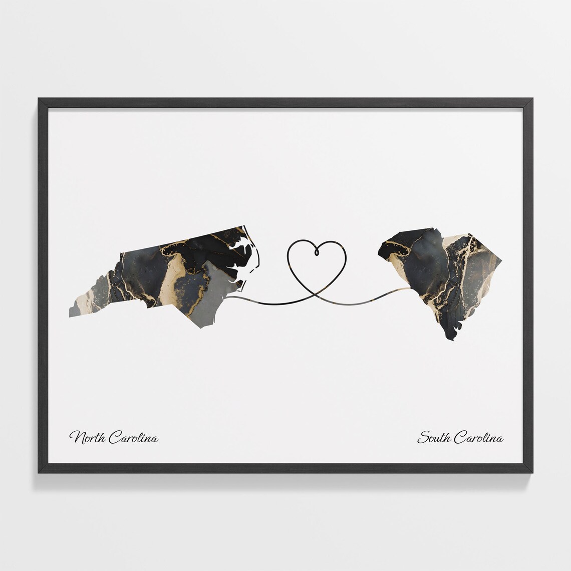 North Carolina South Carolina Long Distance Black Gold Marble Heart Map Poster