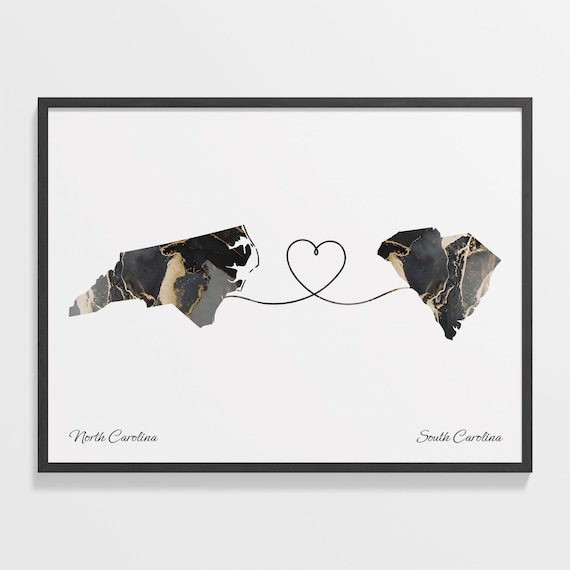 North Carolina South Carolina Long Distance Black Gold Marble Heart Map Poster