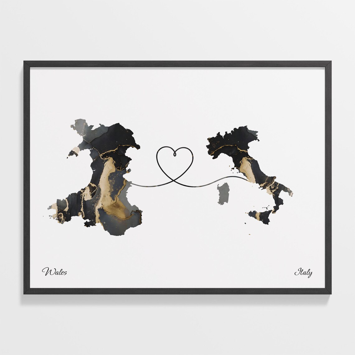 Wales Italy Long Distance Black Gold Marble Heart Map Poster