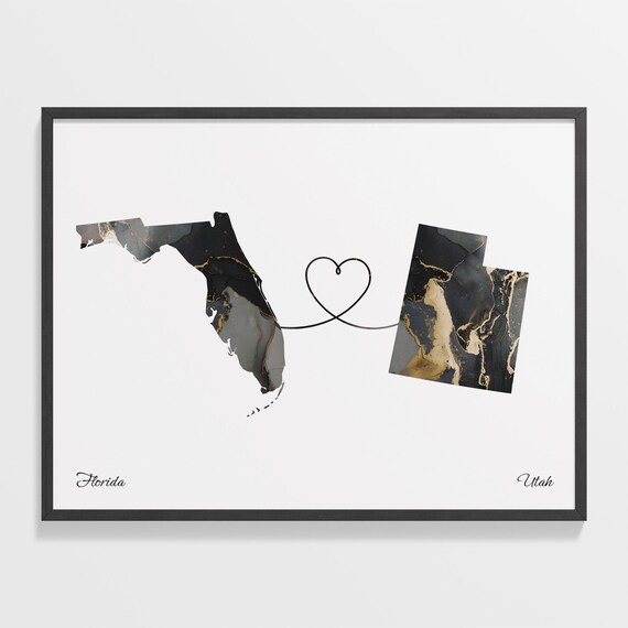 Florida To Utah Heart Linked Marble Map Love Connection Poster