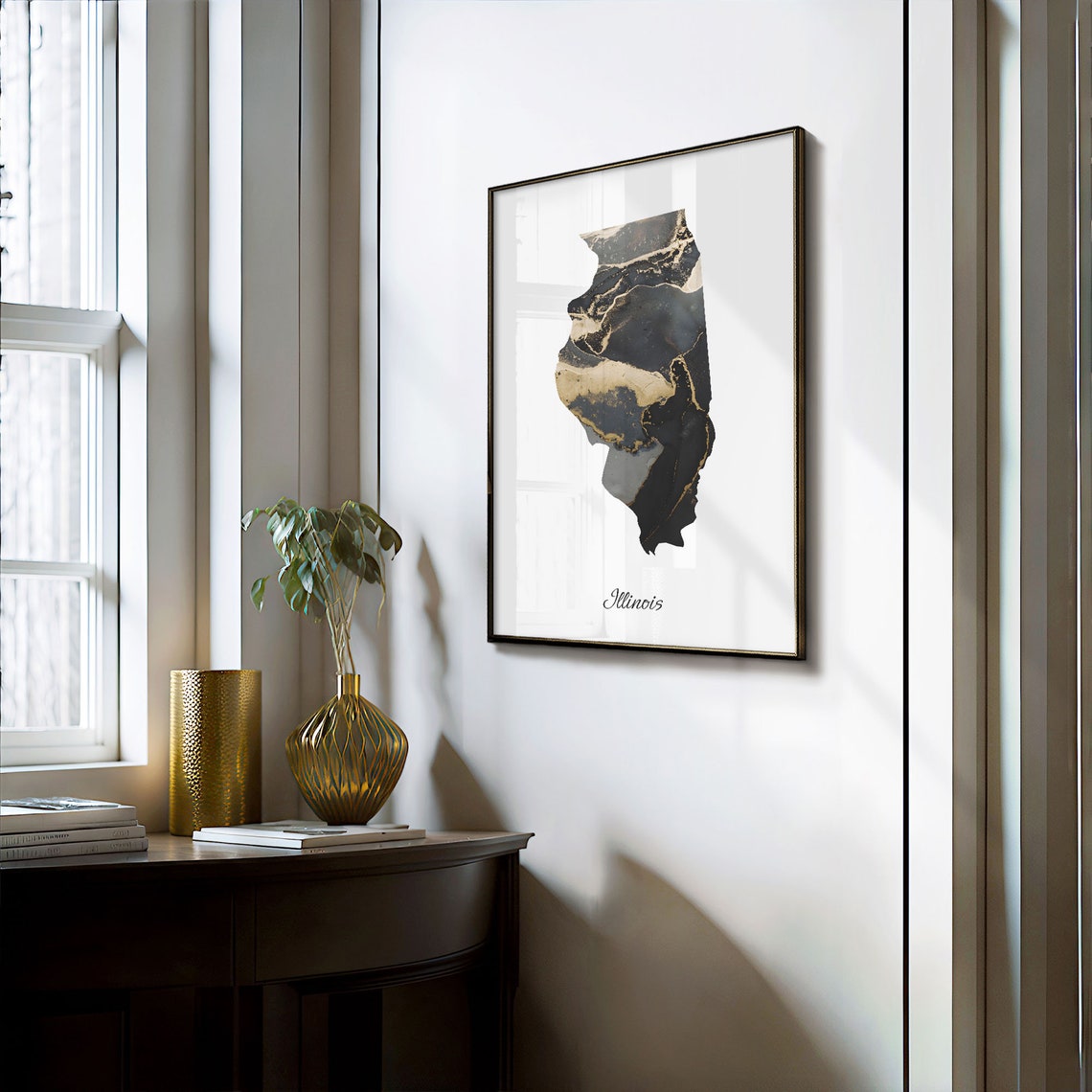Illinois Black And Gold Marble Map Minimalist Elegant Art Poster - Image 3