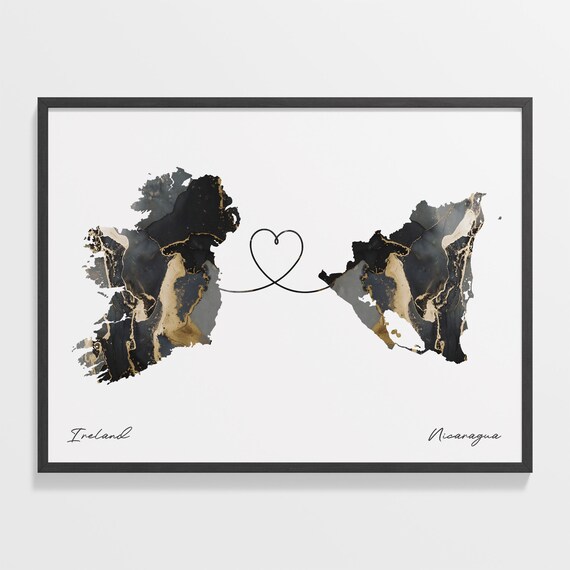 Ireland To Nicaragua Elegant Black Marble Two Country Heart Map Poster