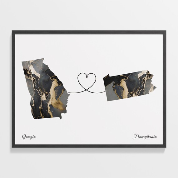 Georgia and Pennsylvania Connected Marble Heart Map Gift Poster