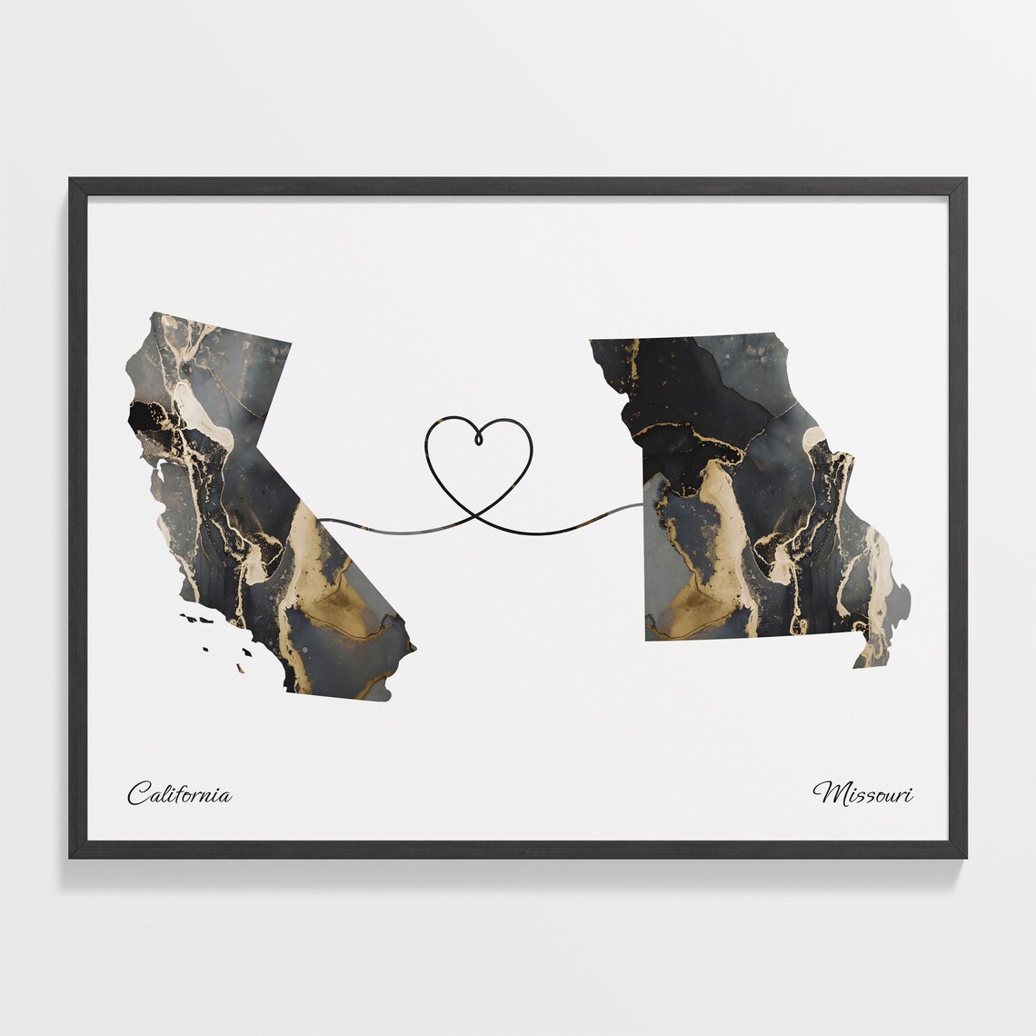 California and Missouri Black Gold Marble Heart Connection Map Poster