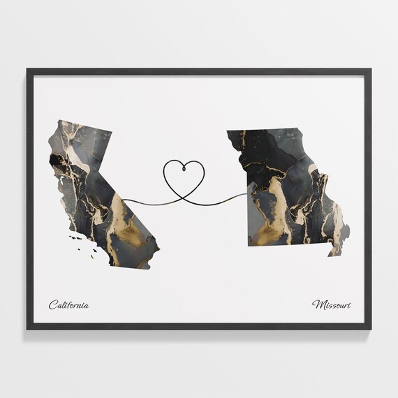 California and Missouri Black Gold Marble Heart Connection Map Poster