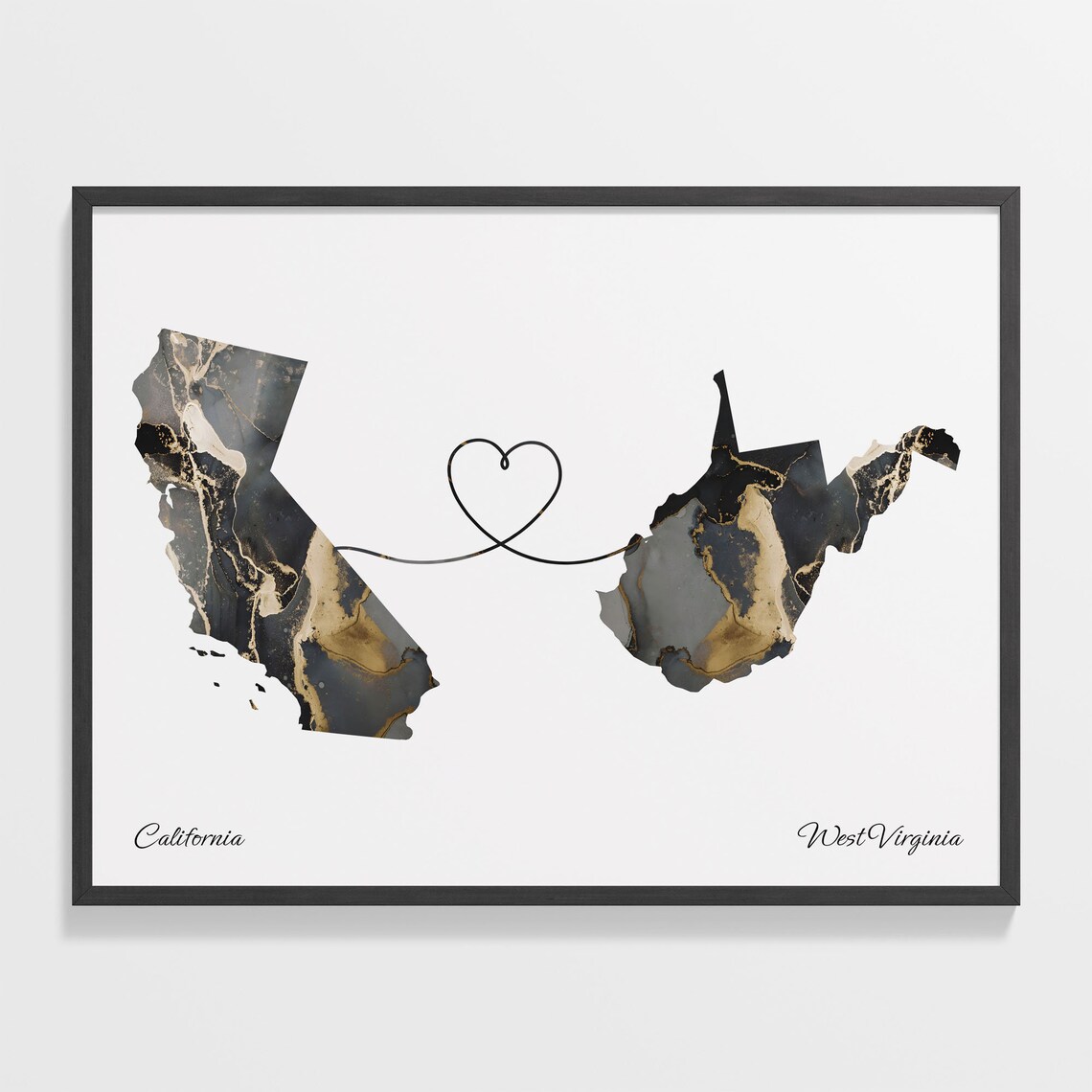 California to West Virginia Black Gold Marble Map Heart Line Art Poster