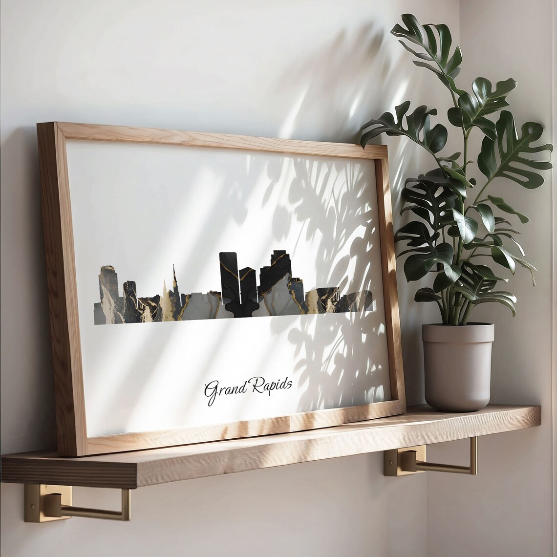 Grand Rapids Michigan Black and Gold Marble Skyline Silhouette Art Poster - Image 3
