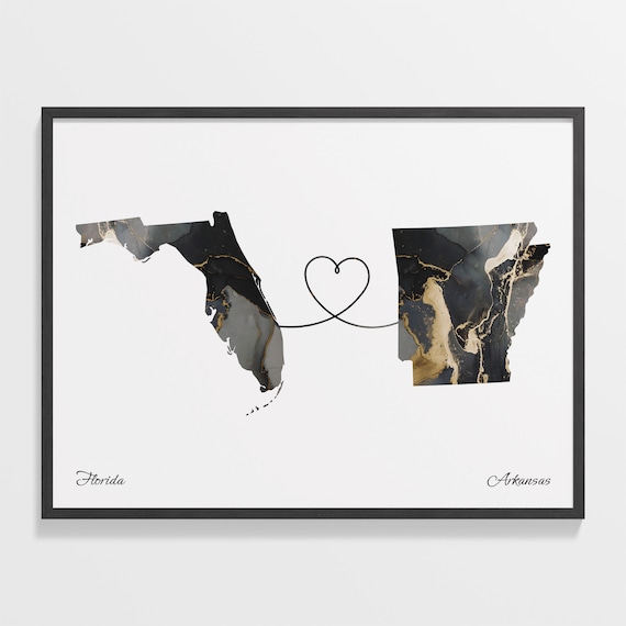 Florida To Arkansas Heart Connected Black Marble State Map Poster