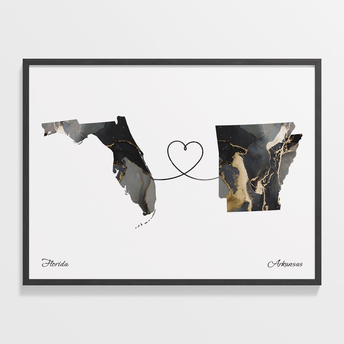 Florida To Arkansas Heart Connected Black Marble State Map Poster