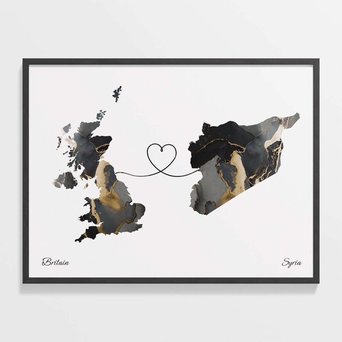Britain To Syria Long Distance Marble Map Heart Print Gift Art
