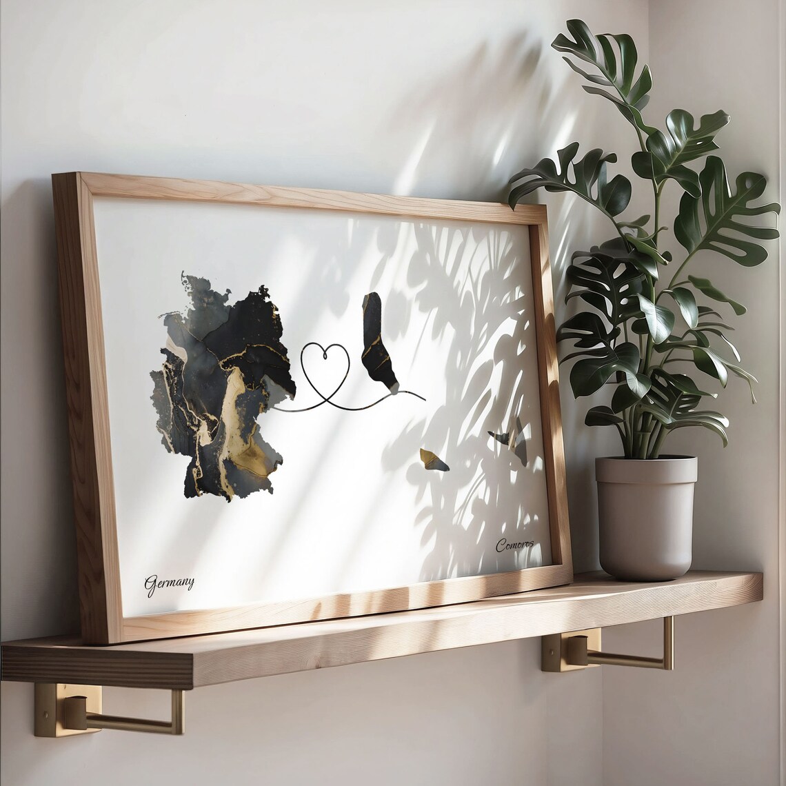 Germany and Comoros Black Gold Marble Two Country Love Map Poster - Image 3