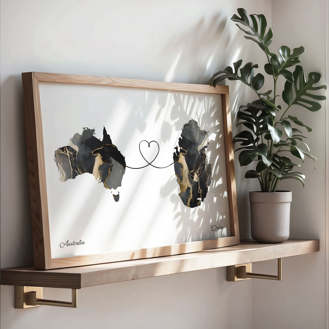 Australia and Qatar Black Gold Marble Map Heart Connection Poster - Image 3