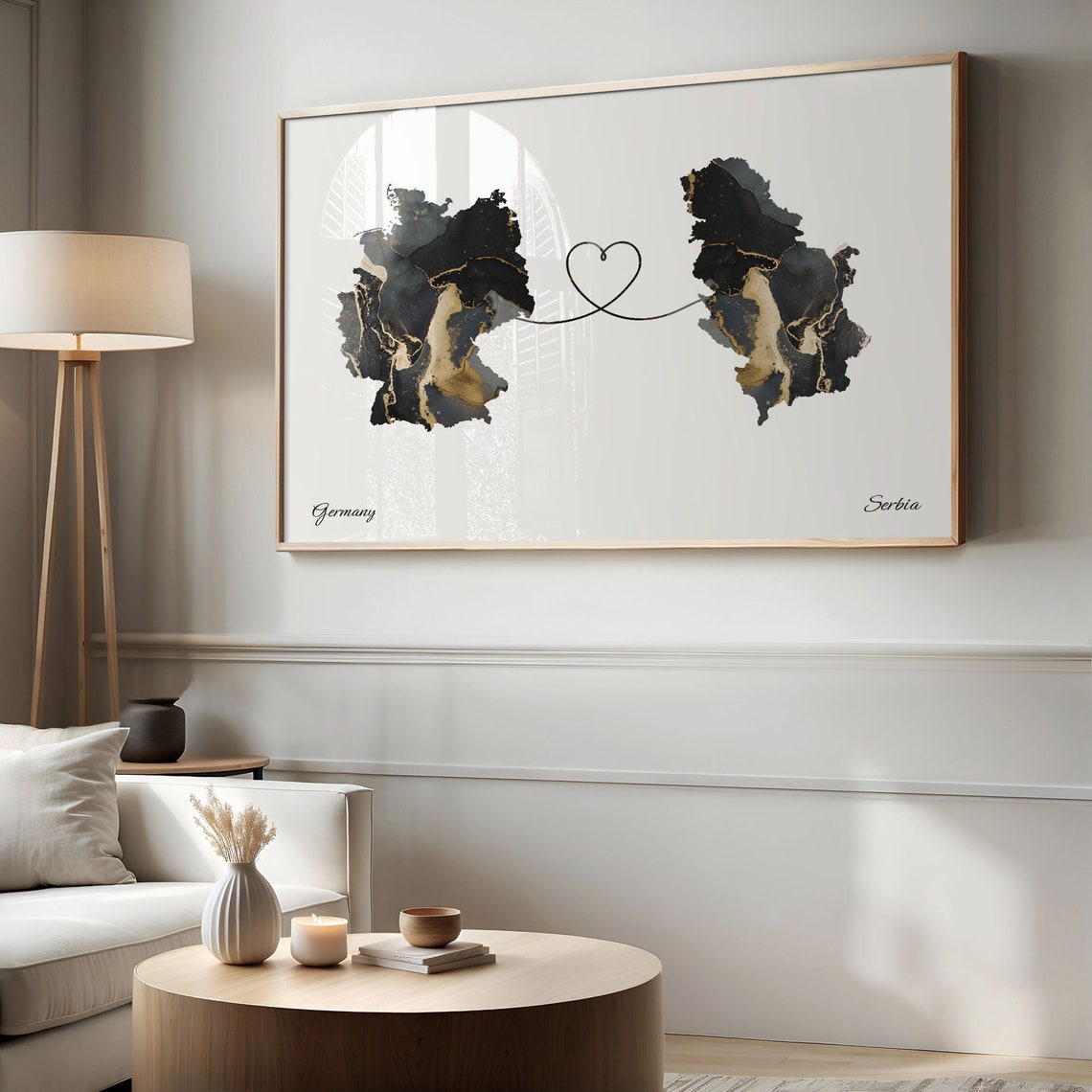 Germany to Serbia Black Gold Marble Heart Connection Map Poster - Image 2
