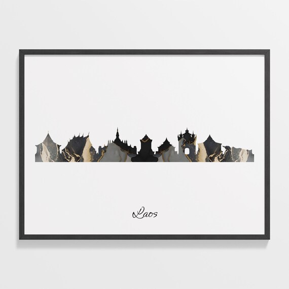 Laos Temple Black and Gold Marble Skyline Silhouette Art Poster