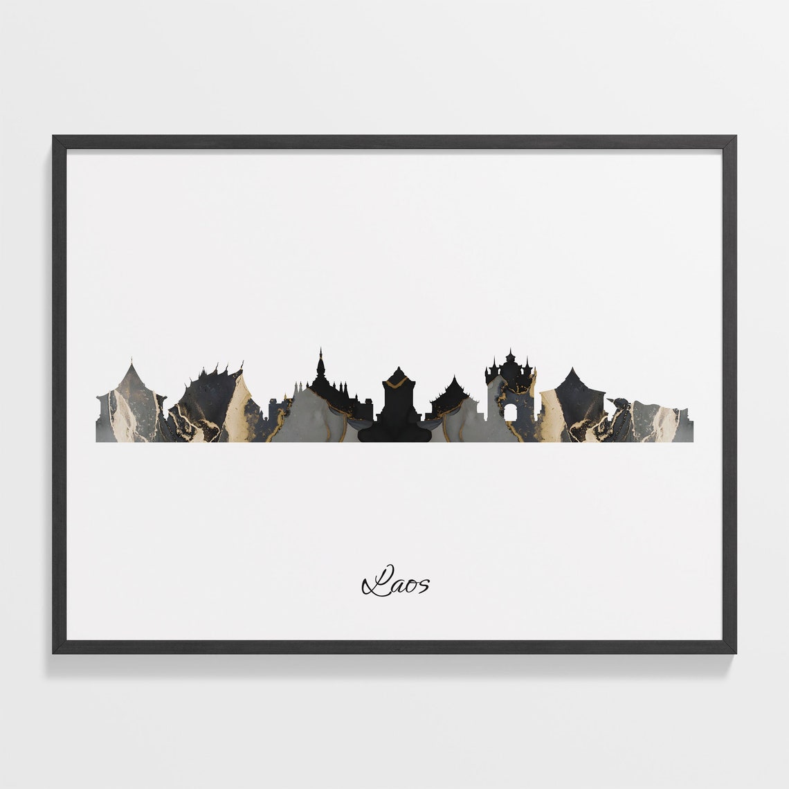 Laos Temple Black and Gold Marble Skyline Silhouette Art Poster